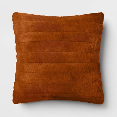 Oversized Channel Faux Fur Square Throw Pillow Dark Camel - Threshold™: Modern Solid Brown, Indoor, Recycled Polyester