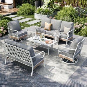 Captiva Designs 5pc Extra Large Metal and Rattan Outdoor Patio Conversation Set with Swivel Grid-back Chairs and Loveseat - 1 of 4