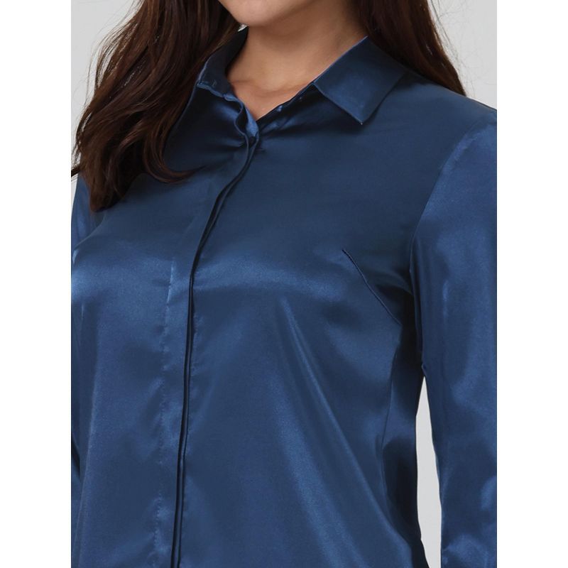 Hobemty Women's Elegant Satin Point Collar Long Sleeve Work Office Button Down Shirt, 5 of 6