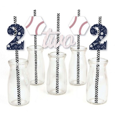 Big Dot of Happiness 2nd Birthday Batter Up - Baseball - Paper Straw Decor - Second Birthday Party Striped Decorative Straws - Set of 24