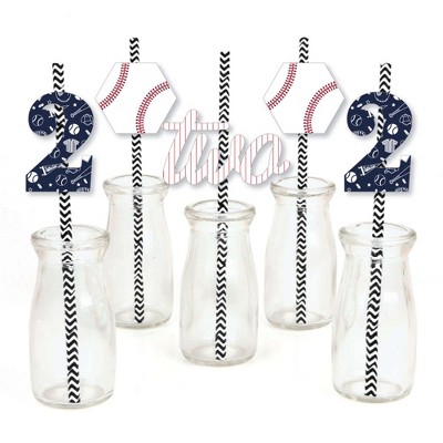 Big Dot of Happiness 2nd Birthday Batter Up - Baseball - Paper Straw Decor - Second Birthday Party Striped Decorative Straws - Set of 24