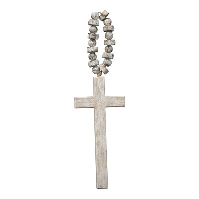 Brushed White Wood Cross with Beaded Hanger Wall Décor  - Foreside Home & Garden