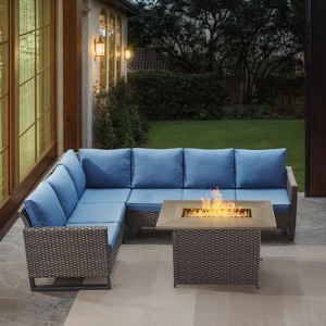 POCASSY All Weather Brown Wicker Outdoor Sectional Sofa with Fire Pit Table, 4PCS Patio Furniture Set with 41" Propane Firepit Table for Outside - 1 of 4