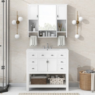 ModernLuxe 36'' Modern Bathroom Vanity Set with Ceramic Sink, 6 Drawers & Soft Close Doors, Mirror Cabinet with Towel Bar