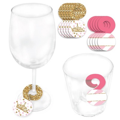Big Dot of Happiness Little Princess Crown - Pink and Gold Princess Baby Shower or Birthday Party Paper Beverage Markers for Glasses Drink Tags 24 Ct