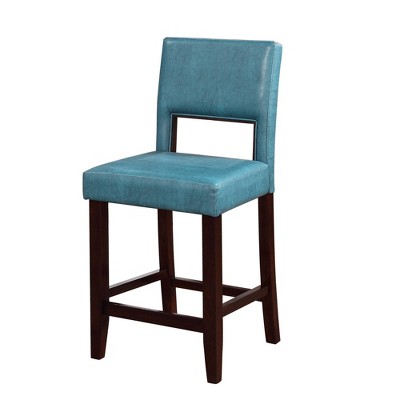 Wooden Counter Height Barstool with Padded Seat and Open Backrest Blue/Brown - Benzara