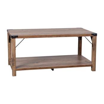 Flash Furniture Wyatt Modern Farmhouse Wooden 2 Tier Coffee Table with Metal Corner Accents and Cross Bracing