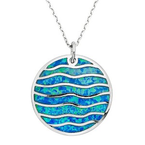 Opalata SSterling Silver Round Blue Inlay Opal Disc with Wavy Design 18" Pendant Necklace - Blue - 1 of 2