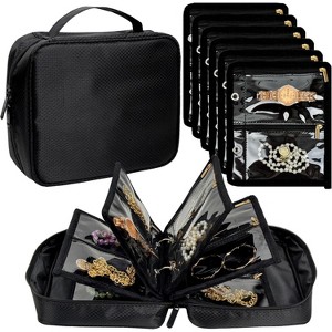 Travel Jewelry Binder with 24 Clear Velvet Pouches, Zipper Storage for Earrings, Necklaces & Watches, Black - 1 of 4