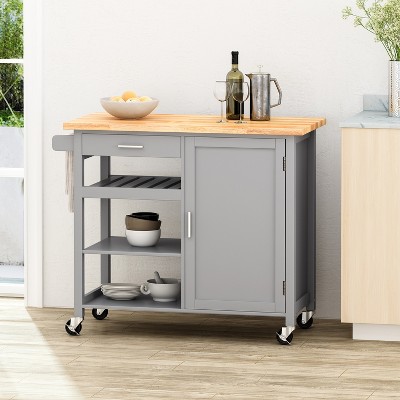 Vynxaria Kitchen Island Cart - Solid Wood Top, Mobile Storage with Spice Rack & Towel Holder