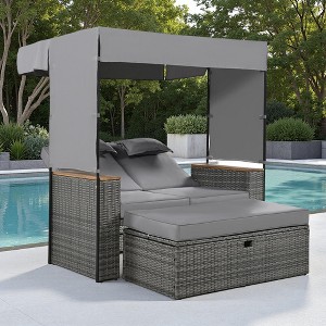2-Piece Outdoor Patio Rattan Canopy Daybed Sunbed with 5 Positions Adjustable Backrest and Storage Bench - 1 of 4