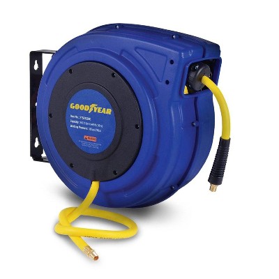 Goodyear Mountable Retractable Air Hose Reel - 3/8" x  65' Ft, 3' Ft Lead-In Hose, 1/4" NPT Connections