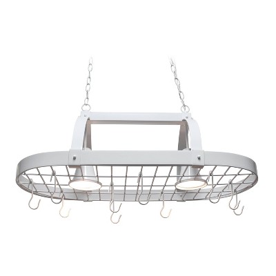 White Metal Elliptical Kitchen Pot Rack with Lights