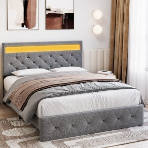 Bed Frame with Lights Headboard, Bed Frame with Fast-Charging USB Port, Upholstered Platform Bed Frame, No Box Spring Needed - 1 of 4