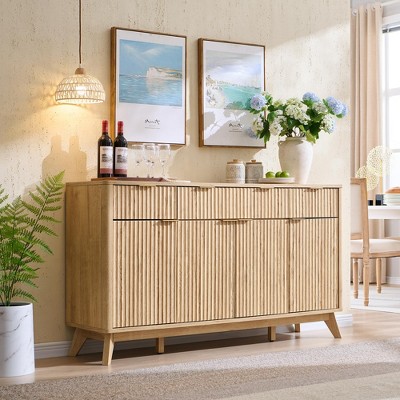 Sincido 60" Buffet Sideboard Cabinet with 4 Doors, Fluted Coffee Bar Table with 3 Drawers, Modern Sideboard for Dining Room, Living Room, Natural Oak — фото 3
