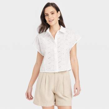 Women's Linen Long Sleeve Collared Button-Down Shirt - Universal Thread™  Tan Striped M