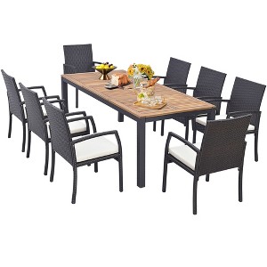 Costway 9 PCS Patio Rattan Dining Set with Acacia Wood Table, Cushions, 1.9" Umbrella Hole - 1 of 4