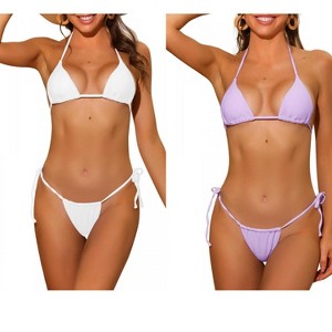 INSPIRE CHIC Women's Halter Tie Side Drawstring Thong Triangle Bottoms Basic Bikini Sets Swimsuits 2 Sets - 1 of 4
