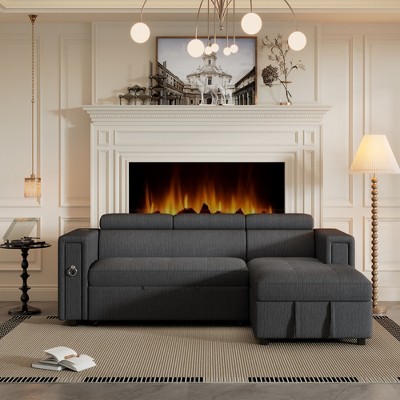 96" L-Shape Sectional Sofa with Adjustable Headrest, Wireless Charging and Cup Holders, Pull-Out Sofa Bed with Hidden Storage - ModernLuxe