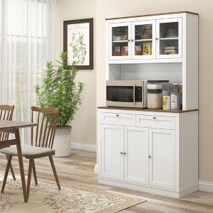 Okak Mordern Pantry Cabinet, Freestanding Tall Cabinet with Hutch, 2 Drawers and 5 Doors, Storage Cabinet for Kitchen, White - 1 of 4