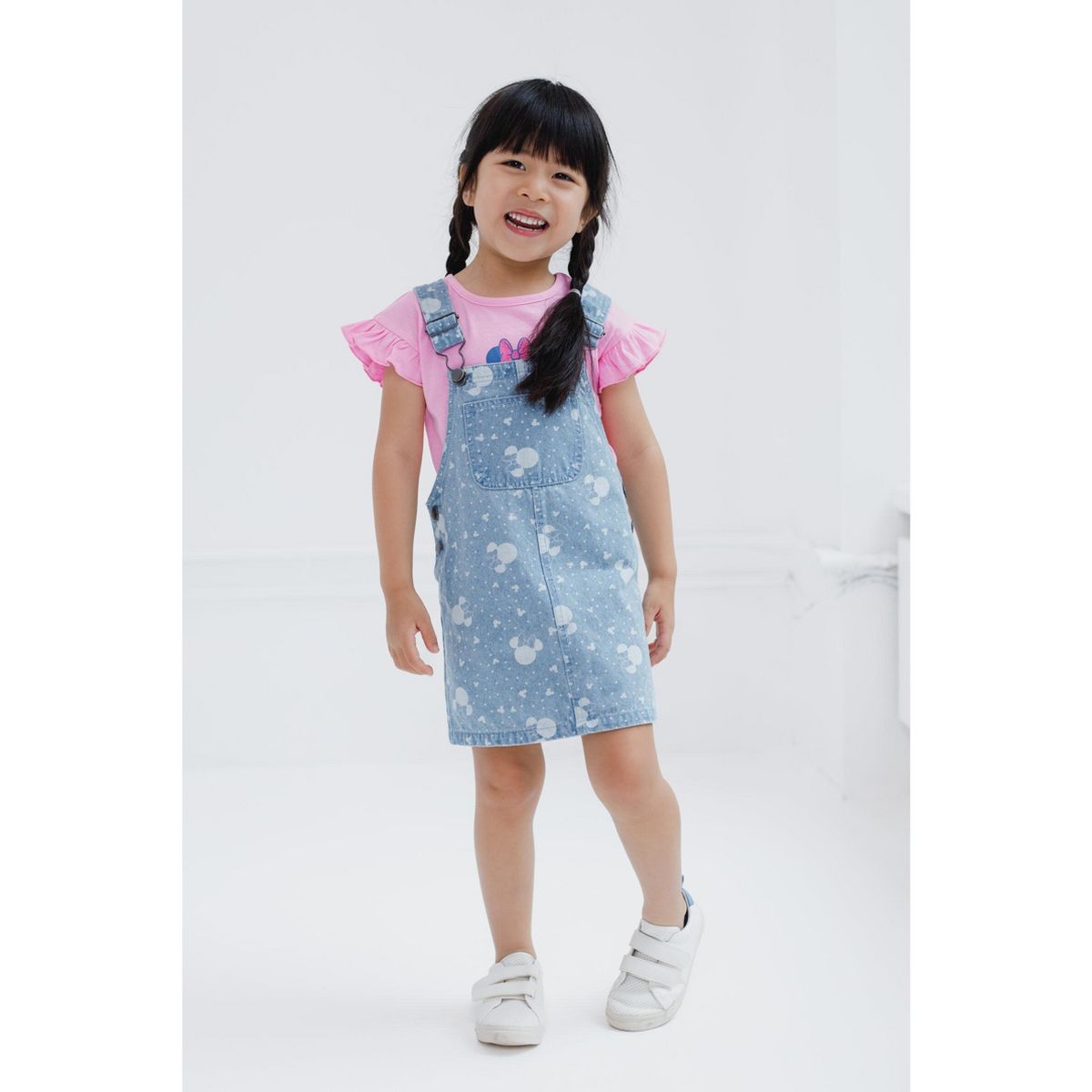 Disney Minnie Mouse Girls Vintage Wash Denim Overall Dress and T-Shirt Outfit Set Toddler - thumbnail 2