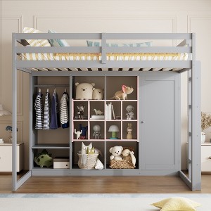 Merax  Modern Wood Loft Bed with Wardrobe Shelves and Cabinet - 1 of 4