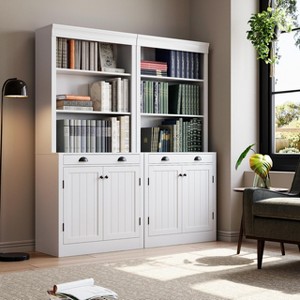 71" Tall Bookcase with Doors 5-Shelf Bookcase with Drawer Adjustable Shelves White Wooden Cabinet Modern Bookcase for Home Reading Nook Set of 2 - 1 of 4