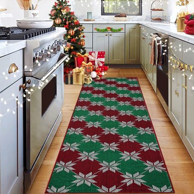 Coolmee Christmas Living Room Area Rug Machine Washable Rugs Carpet Indoor Door Mat Non-Slip Snowflake Rug for Bedroom Kitchen Green