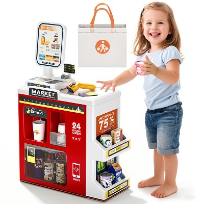 Skirfy 47 Pieces Cash Register Toys with Storage Bag, Coffee Machine, Food Accessories, Scanners,Red