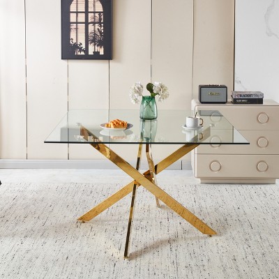 Glass Top Dining Table with Cross Metal Legs, Round/Square Kitchen Table for 4-6 - ModernLuxe