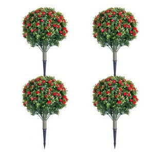 23.6" Artificial Rose Topiary Ball Trees with Ground Spike, UV Resistant Greenery Shrubs with Flowers, Fake Plants with Metal Stakes - 1 of 4