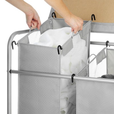 Chrome and Gray 3-Section Rolling Laundry Sorter with Folding Station