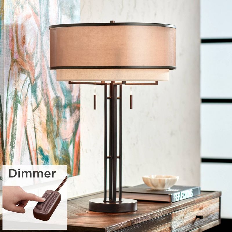 Franklin Iron Works Andes Modern Industrial Table Lamp 27 1/2" Tall Oil Rubbed Bronze with Table Top Dimmer Stacked Double Drum Shade for Bedroom Home, 2 of 10