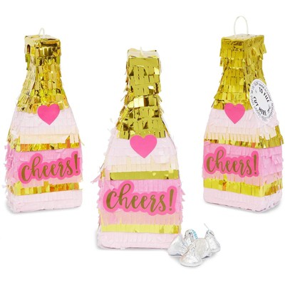 Sparkle and Bash 3-Pack Mini Pink Champagne Bottle Pinatas for Bachelorette Party Decorations 8 x 3.25 in