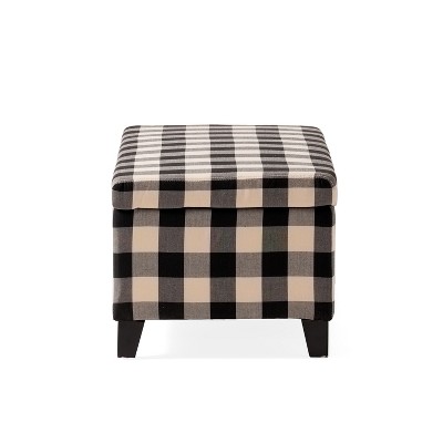 Brianna Black Checkerboard Fabric Storage Ottoman with Birch Legs