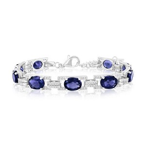 Simona Sterling Silver, Oval & White Topaz Link Bracelet - Sapphire (17.21cttw) - Blue - 6.5+1 Inch - 1 of 2
