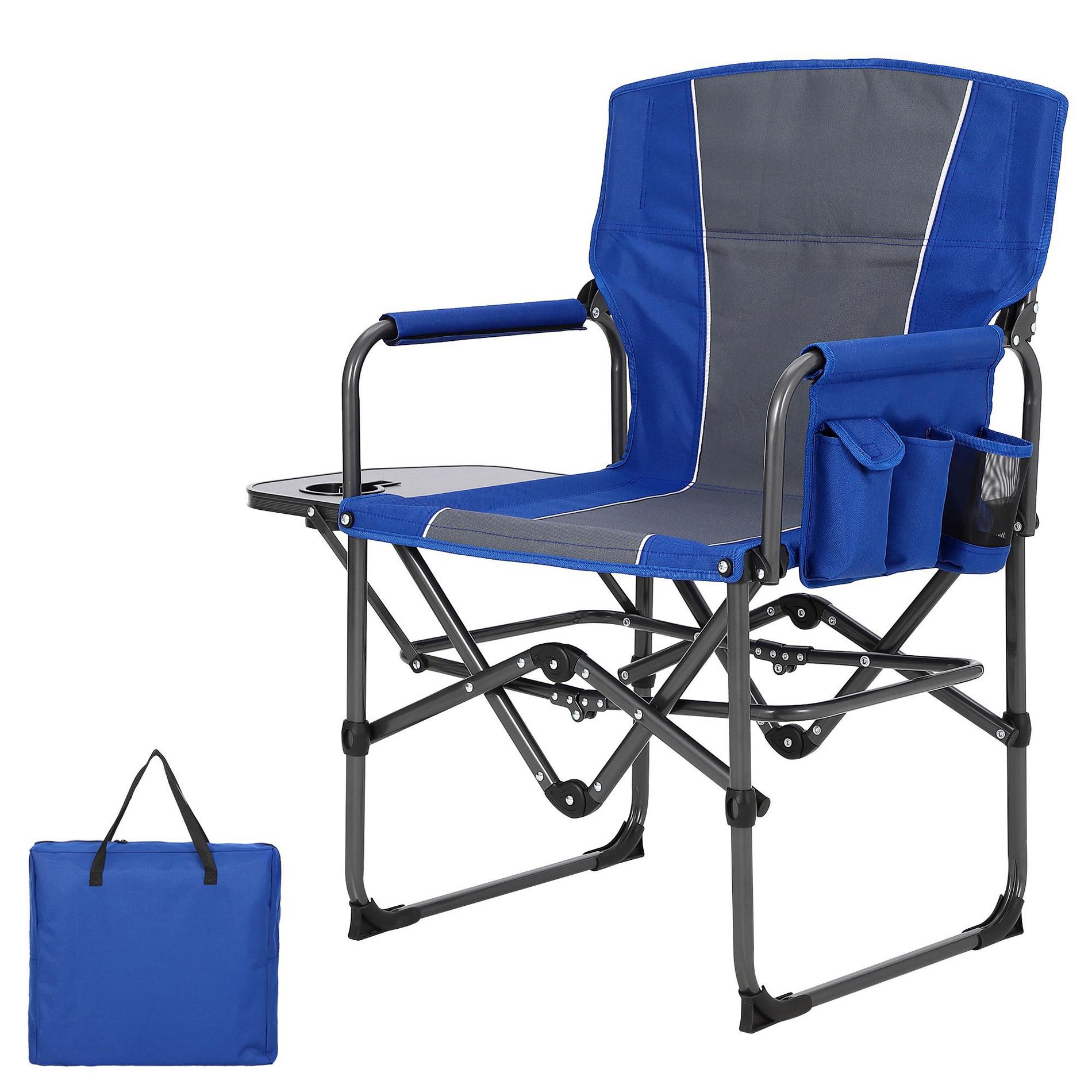 Oversized Directors Camping Chair, Folding Outdoor Chair with Side Table & Detachable Side Pockets, Portable Camping Chair for Beach, Fishing, Blue