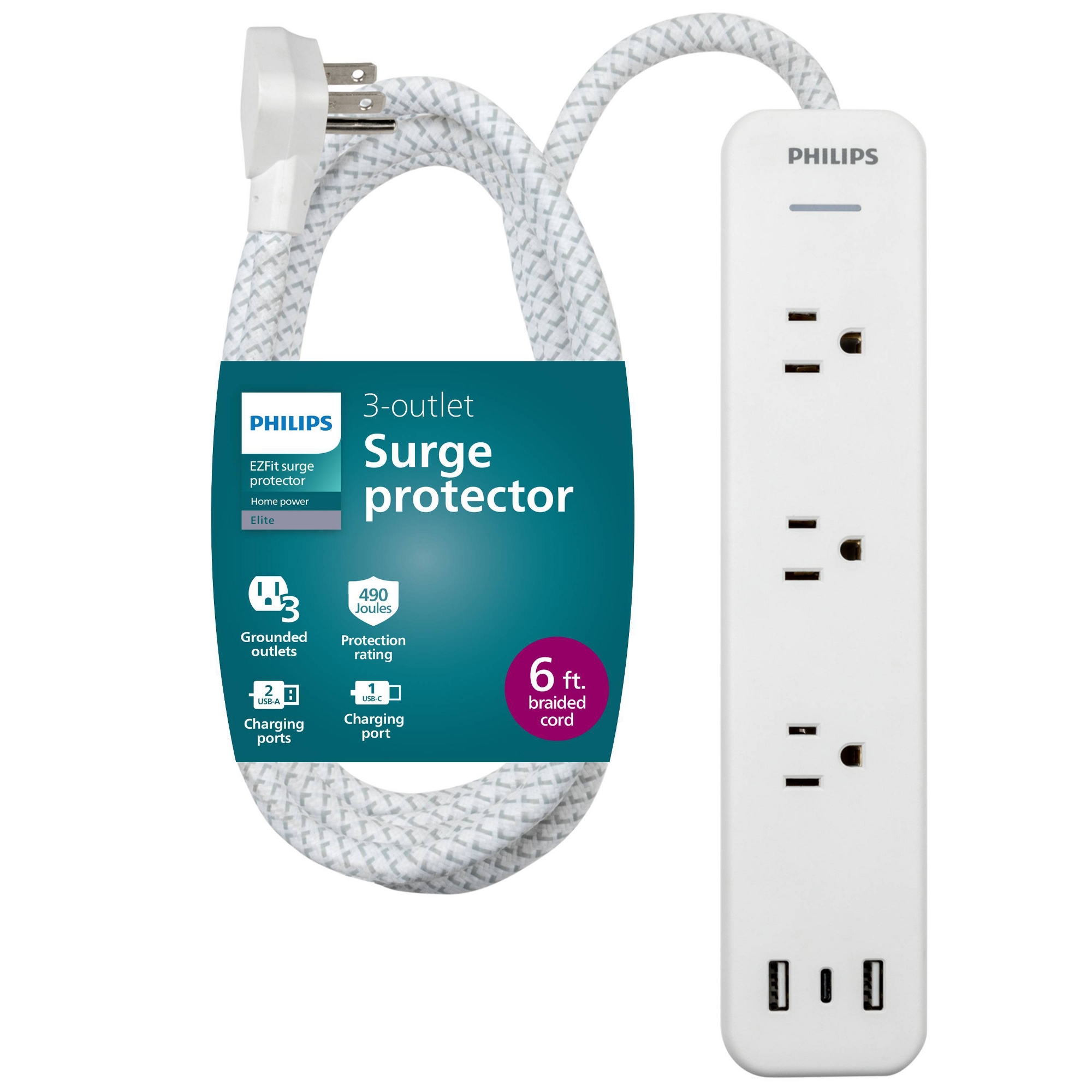Philips Surge Protector 6ft 3-Outlets USB-A USB-C 490 Joules: White Braided Cord