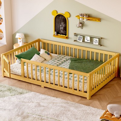 NicBex Twin/Full/Queen Kids Platform Bed Frame with Safety Guardrails & Detachable Door,Modern Floor Bed for Bedroom,Kids Room