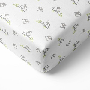 Bacati - Happy Monkeys Gray Muslin 100 percent Cotton Universal Baby US Standard Crib or Toddler Bed Fitted Sheet - 1 of 4