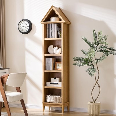Bookshelf with Adjustable Shelves, 75.9" Tall Narrow Bookshelf with Storage, 5 Tiers Open Shelves Bookcase with Triangular Top, Natural