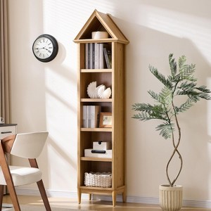Bookshelf with Adjustable Shelves, 75.9" Tall Narrow Bookshelf with Storage, 5 Tiers Open Shelves Bookcase with Triangular Top, Natural - 1 of 4