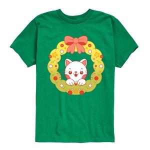 Boys' - Instant Message - Christmas Chibi Cat Wreath Short Sleeve Graphic T-Shirt - 1 of 4