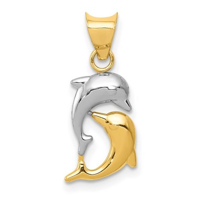 Black Bow Jewelry 14k Yellow Gold and White Rhodium Double Dolphin Pendant, 8 x 20mm