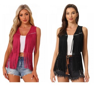 INSPIRE CHIC Women's 70s Western Open Front Faux Suede Fringe Vest 2 Packs - 1 of 4
