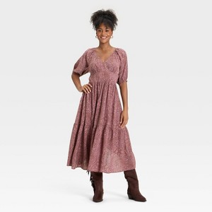 Women's Puff Elbow Sleeve Printed Maxi A-Line Dress - Universal Thread™ Mauve - 1 of 3