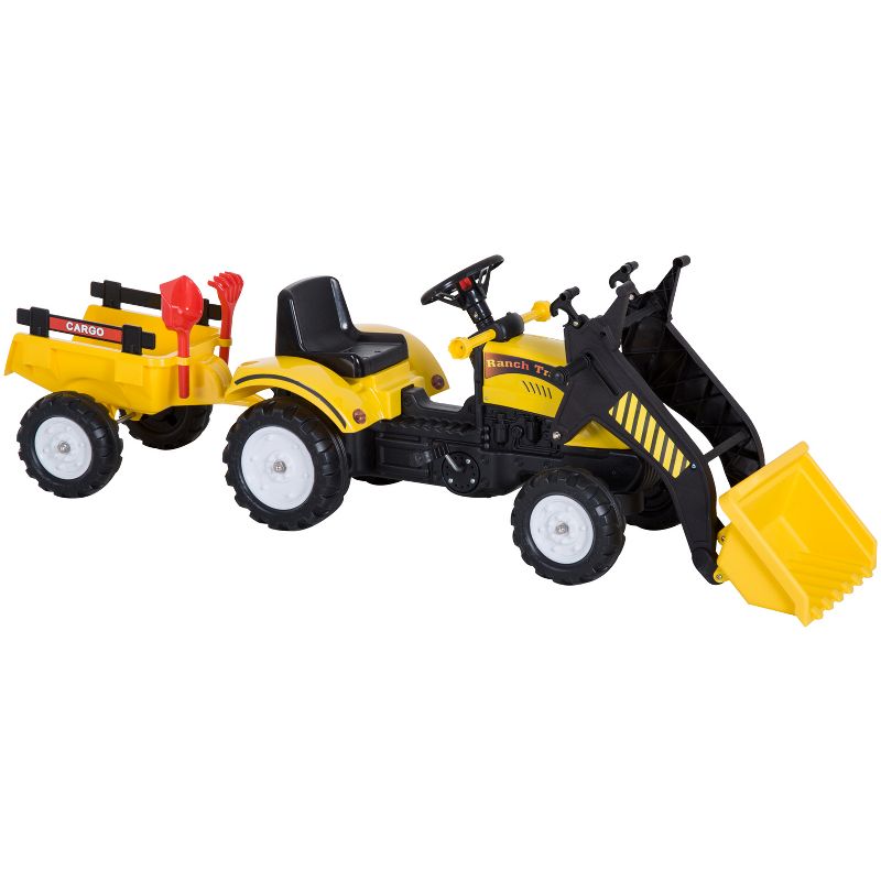 Aosom Ride-On Kids Bulldozer/Excavator Toy with Real Working Dirt Bucket, Easy Pedal Controls, 6 Wheels, & Cargo Trailer, 1 of 9