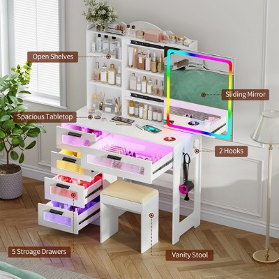 Vlsrka Vanity Desk with Sliding Mirror and LED Lights, RGB Vanity with Charging Station