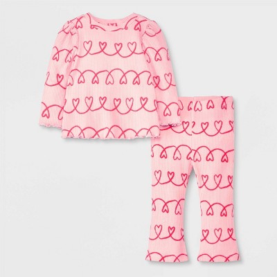 Image of Baby Girls' Heart Cozy Ribbed Top & Bottom Set - Cat & Jack™ Red 3-6M