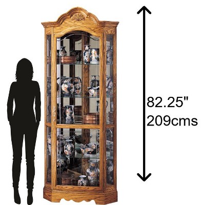 Golden Oak Lighted Corner Curio Cabinet with Glass Shelves